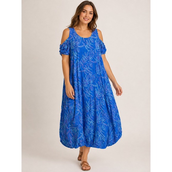 Soft Surroundings Dresses & Skirts - Soft Surroundings Midi Dress Womens XL Blue Batik Cold Shoulder Bubble Hem 2CL19